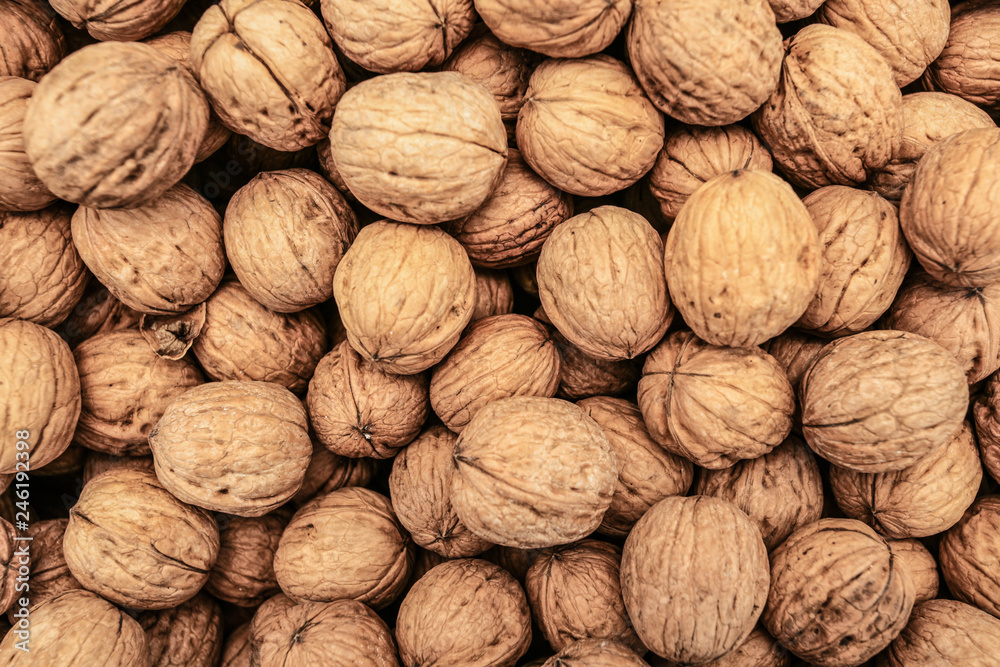 Top down view, whole walnuts displayed on food market in Kyrenia, Cyprus. Top down view, whole walnuts displayed on food market in Kyrenia, Cyprus.