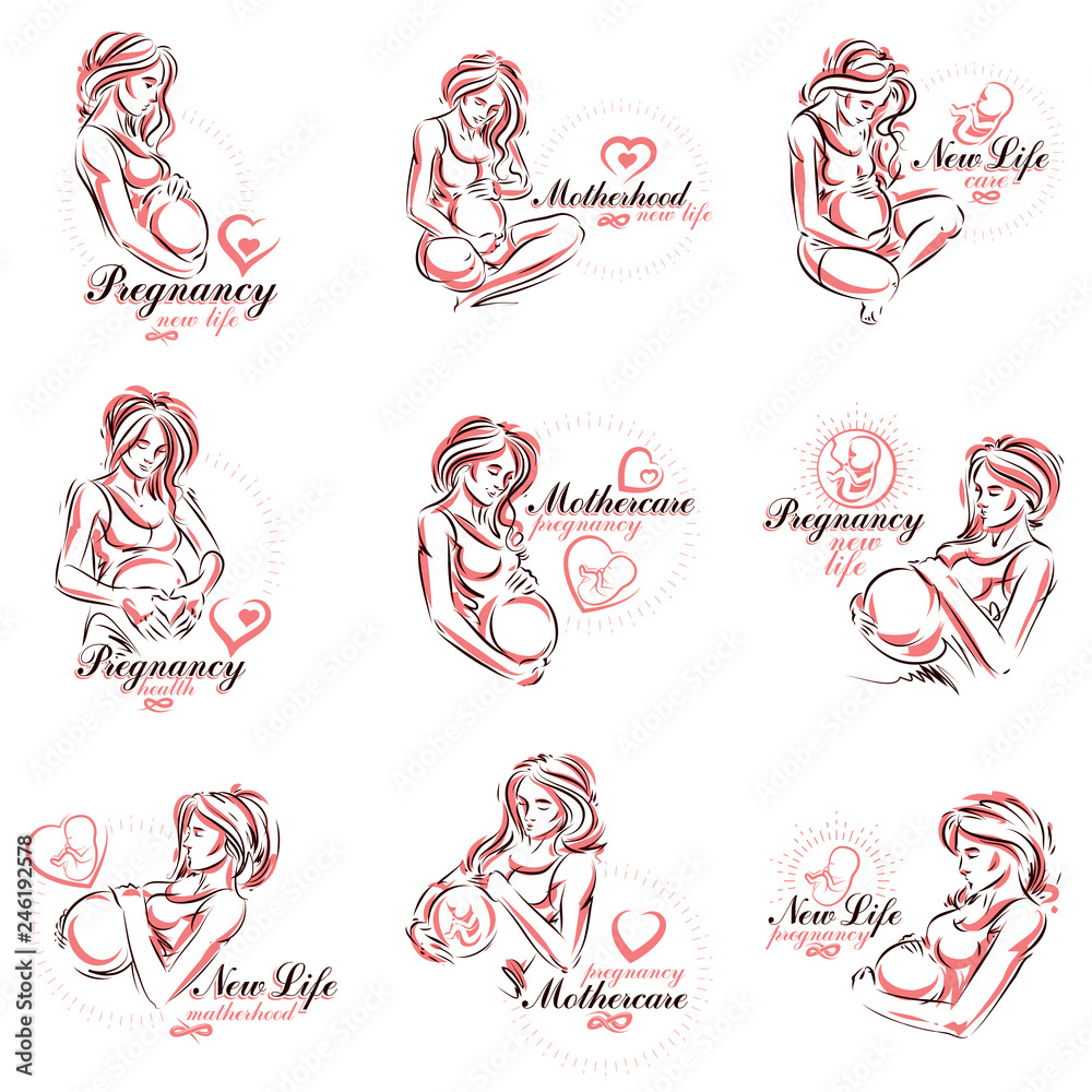 Set of pregnant female body shapes hand drawn vector illustration, beautiful lady gently touching her belly. Neonatal care center advertising poster