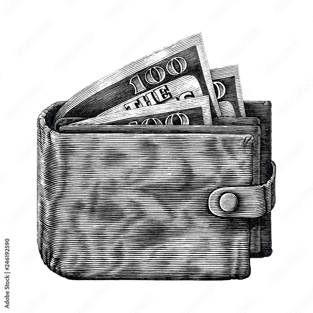 Wallet with full money hand draw vintage engraving isoleted on white