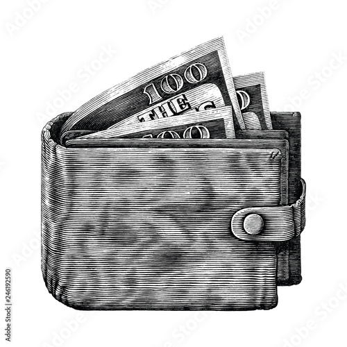 Wallet with full money hand draw vintage engraving isoleted on white background