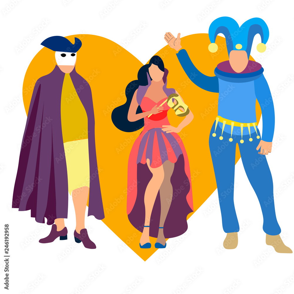 Fototapeta premium Carnival party icons set with people wearing costumes flat isolated vector