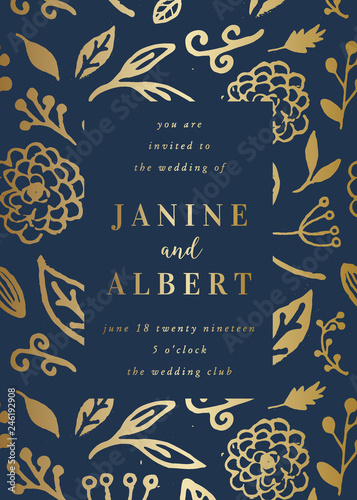 Golden Florals Wedding Invitation Card Template