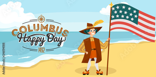 Columbus Day poster with Columb and Santa Maria card text logo design template,
