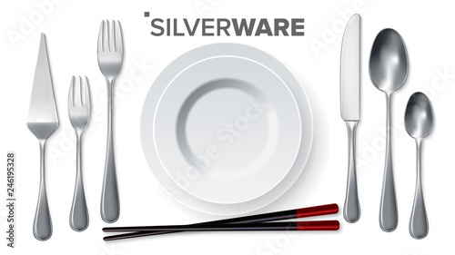 Silverware Set Vector. Silver Metal Knife, Spoon, Fork, Spatula, Chopsticks, Plate. Top View. 3D Realistic Illustration