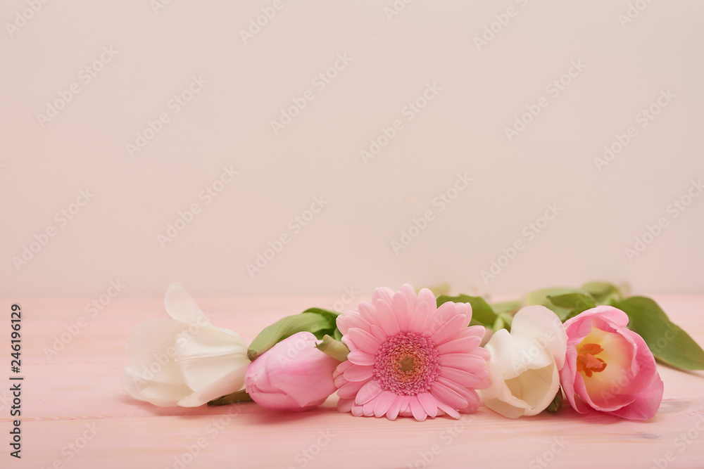 Valentine's day composition with flowers. Valentine card. Greeting card template. Space for text. Concept of Happy Valentine's day. Mother's day card. Spring flowers on pink background