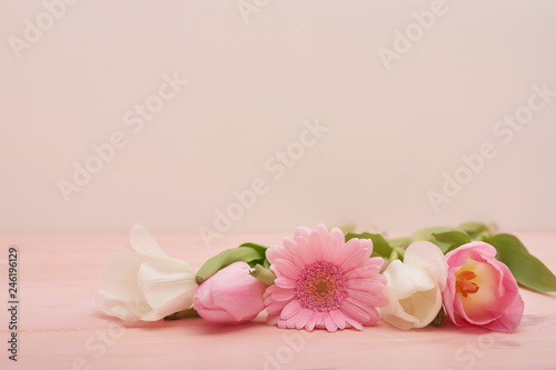 Valentine s day composition with flowers. Valentine card. Greeting card template. Space for text. Concept of Happy Valentine s day. Mother s day card. Spring flowers on pink background