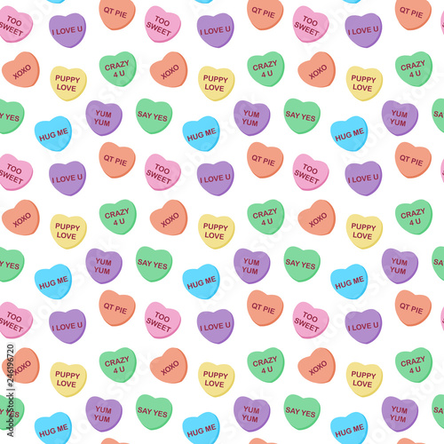 Candy Hearts Seamless Pattern - Pastel rainbow conversation heart candy design for Valentine s Day