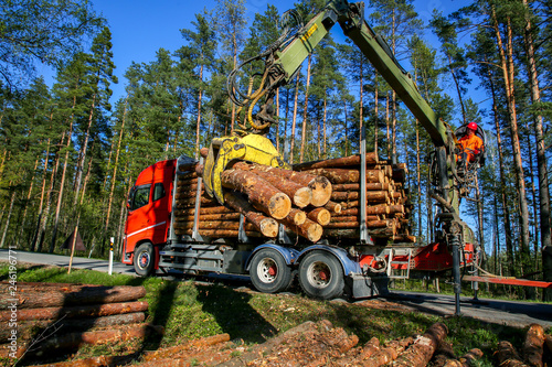 Crane loading logs in the truck.