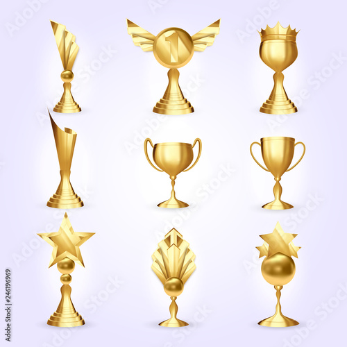 Trophy Cups Set Vector. Success Golden Trophy Award. Different Champion Icon. Winner Leader Prize. First 1st Place. Best One. Event Victory Ceremony 3D Realistic Illustration