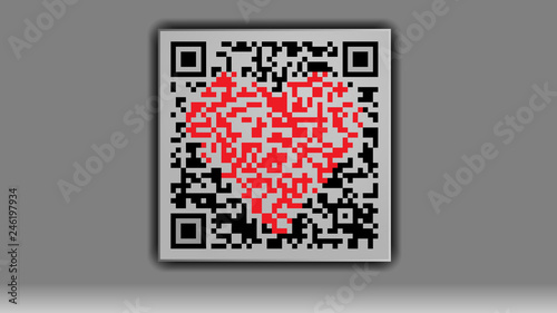 Qr code with a heart in the middle on a gray background. The code is scanned. The code contains a declaration of love and a marriage proposal. When publishing, consider this.