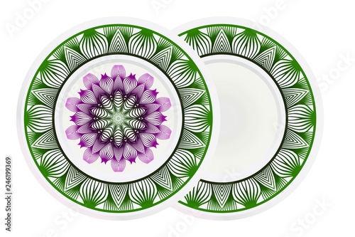 Set of 2 matching decorative plates for interior design. Porcelain plate with mandala ornament. Vector illustration. Isolated. Round geometric floral pattern. Interior decoration, home decor element
