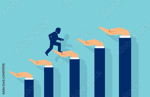 Vector of a businessman climbing a career ladder made of human hands helping him.