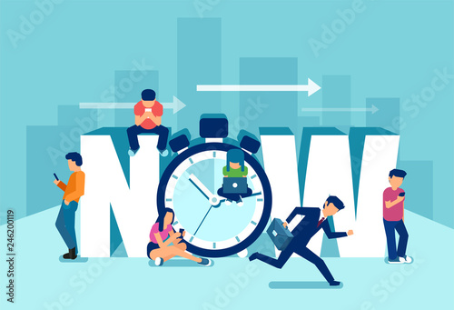 Vector of a busy running businessman and laidback young generation playing in modern gadgets