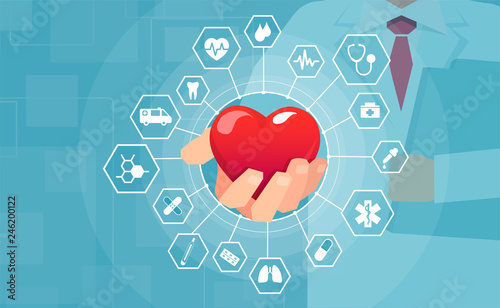Vector of a doctor holding red heart offering medical help and assistance