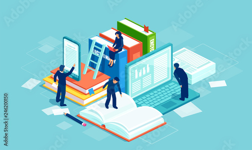 Literature and digital culture. Vector of people reading books using modern technology.