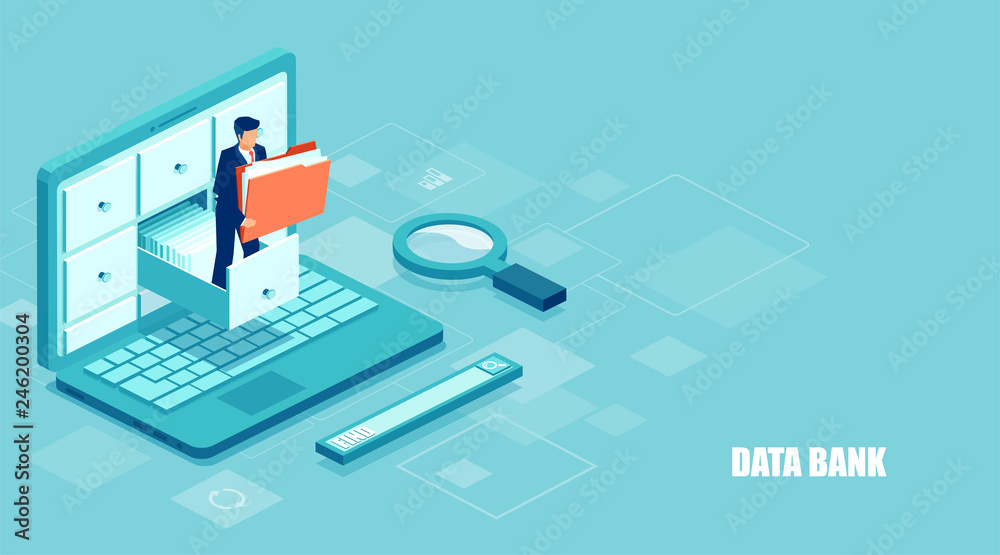 Vector of a businessman holding a folder with documents from the archive managing online digital database Vector of a businessman holding a folder with documents from the archive managing online digital database