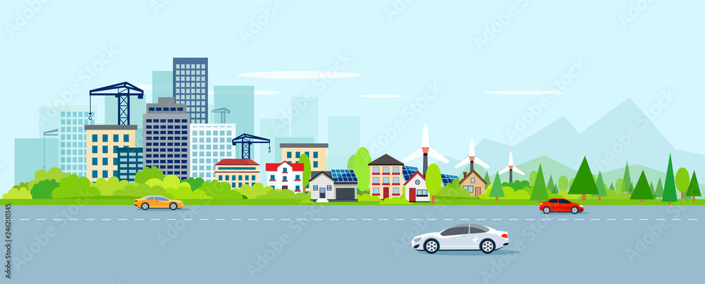 Vector of urban landscape with modern cityscape and suburbs