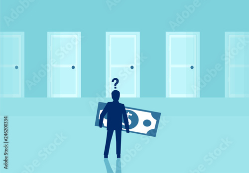 Vector of a businessman with dollar banknote thinking on financial investment opportunities