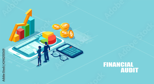 Isometric vector illustration of businesspeople analyzing corporate fianncial report and profits