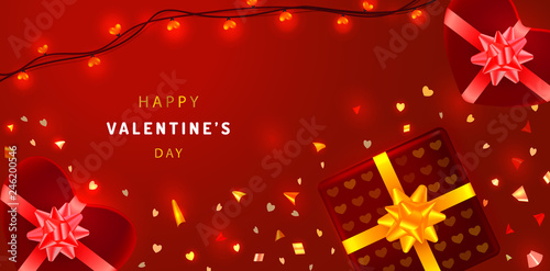 Valentines Day greeting card with sparkling confetti, heart shaped gift boxes and garlands. Promotion banner on red background
