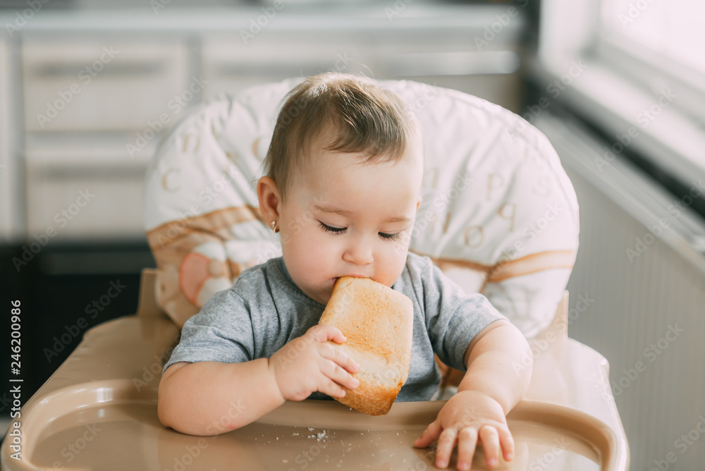 baby in the kitchen in the high chair there is a piece of bread baby in the kitchen in the high chair there is a piece of bread
