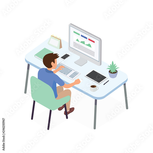 Stock vector of young businessman working with creative idea project for analyzing company financial strategy. Concept for office graphic designer and business project plan.