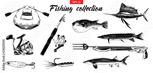 Vector engraved style illustration for logo, emblem, label or poster. Hand drawn sketch set of fishing elements isolated on white background. Detailed vintage doodle drawing.