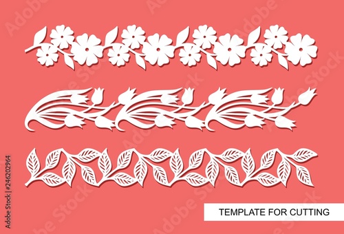 Border with flowers, leaves and branches. Floral frame. Template for laser cut, wood carving, paper cutting and printing. Vector illustration.