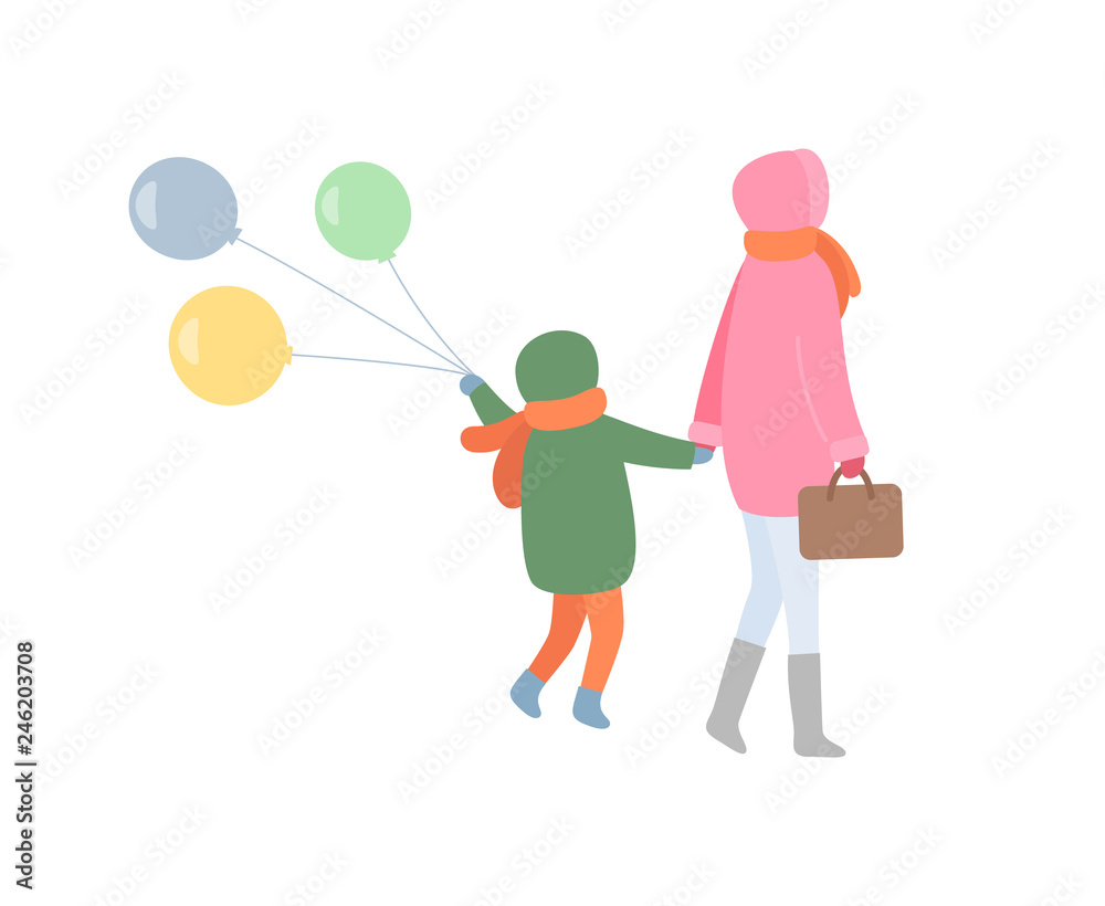 Mum and child turning back in jacket with hoot and scarf in trousers and boots. Mother holding handbag and kid going with balls, vector isolated on white