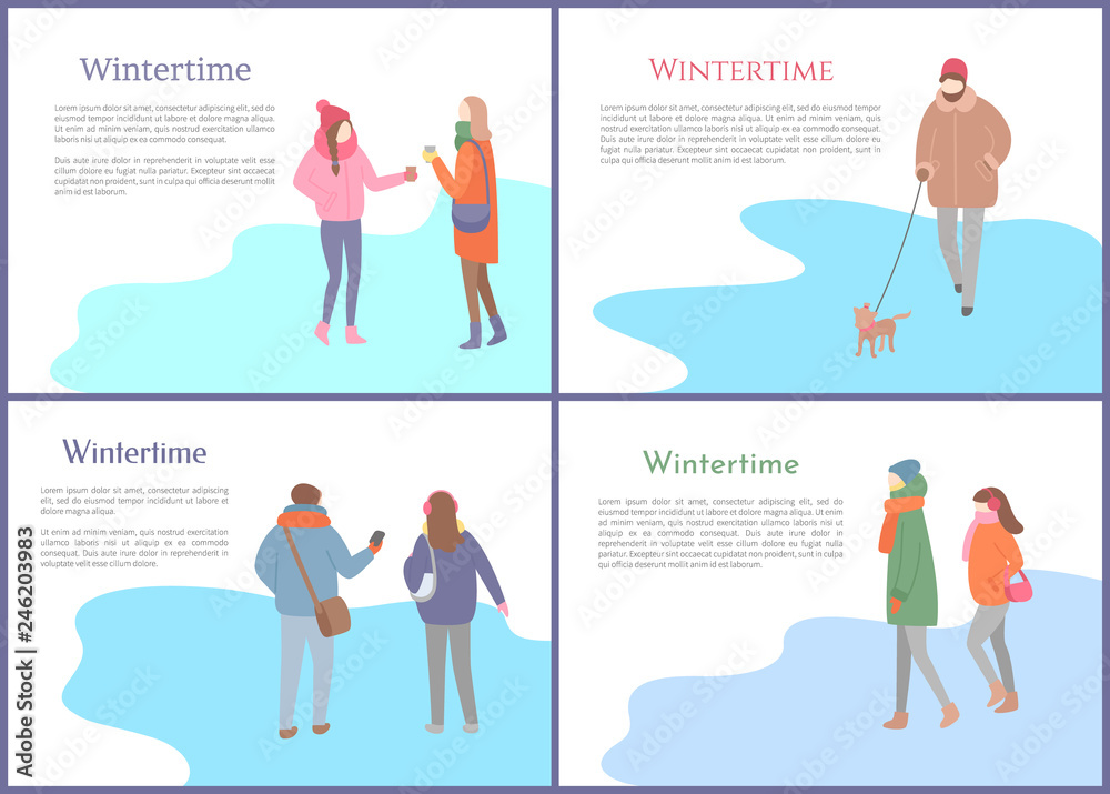 Walking crowd of people in wintertime. Men and women going and speaking in warm scarf and jacket and in hat or earmuffs with pet, poster text sample vector