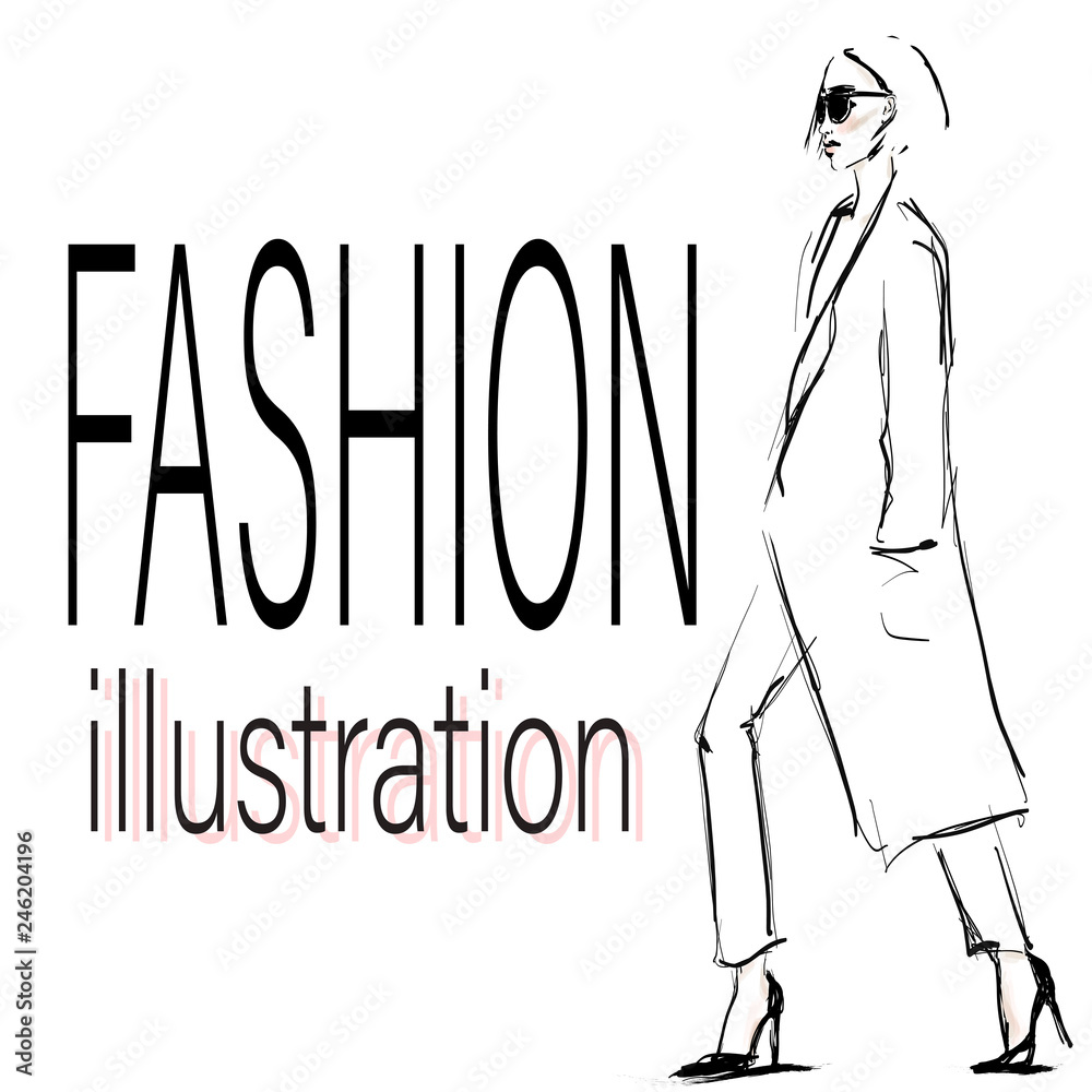 Young stylish woman in coat. Beautiful girl with sunglasses. Hand-drawn fashion illustration. Sketch, vector Young stylish woman in coat. Beautiful girl with sunglasses. Hand-drawn fashion illustration. Sketch, vector
