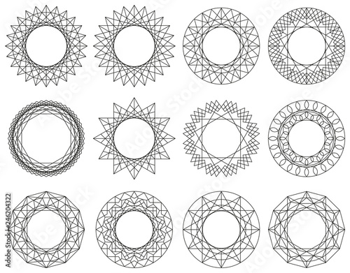 Set of round ornaments. Border made of lines. Geometric pattern. Circle shapes. Design template for invitations and holiday cards.