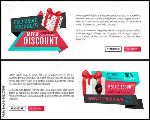 Mega discount, exclusive product on sale banners set vector. Presents in shopping basket, inflatable balloon bought on special shop offer proposition