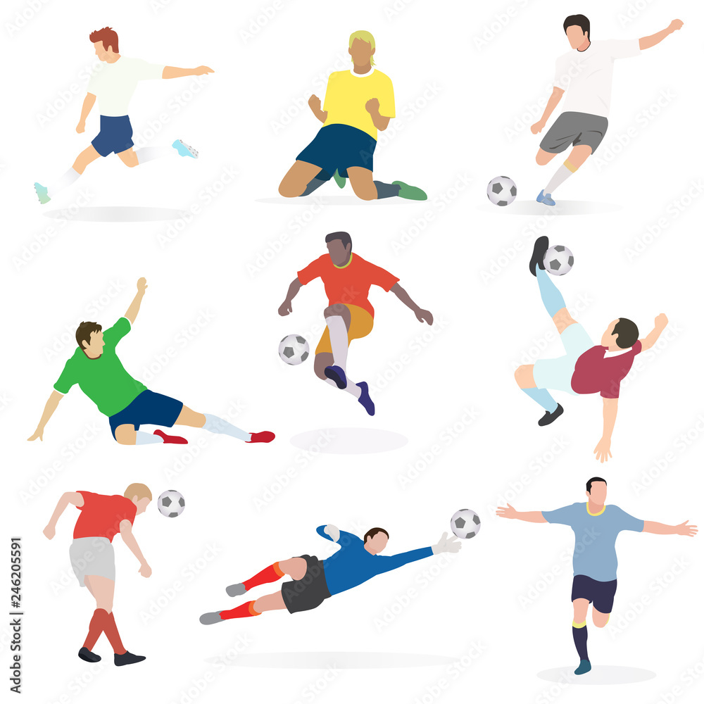 Set of trend vector illustration of soccer football players in many action (goal keeper, defender,midfield and striker). Picture on white background.