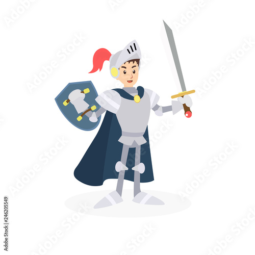 Warrior knight character with sword and shield, who is a man served his sovereign or lord as a mounted soldier in armor. Vector isolated on white background.