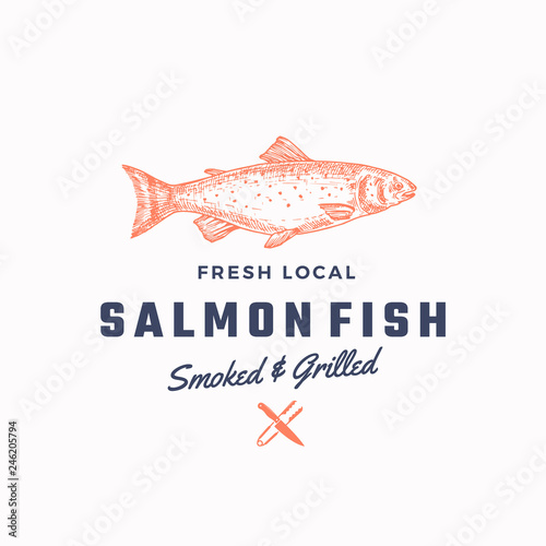 Ssmoked and Grilled Salmon Abstract Vector Sign, Symbol or Logo Template. Hand Drawn Salmon Fish with Classy Retro Typography. Tongs and Knife Icon. Vintage Vector Emblem.