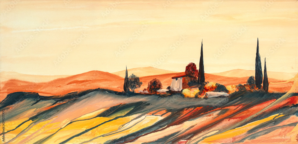Wunschmotiv: Acrylfarben Gemälde einer stark farbigen bunten Toskana Landschaft mit Haus, Bäumen und