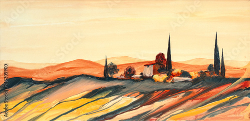 Acrylfarben Gem  lde einer stark farbigen bunten Toskana Landschaft mit Haus  B  umen und Zypressen mit flie  ender Farbe  Farbspritzern und Tropfen mit Textfreiraum