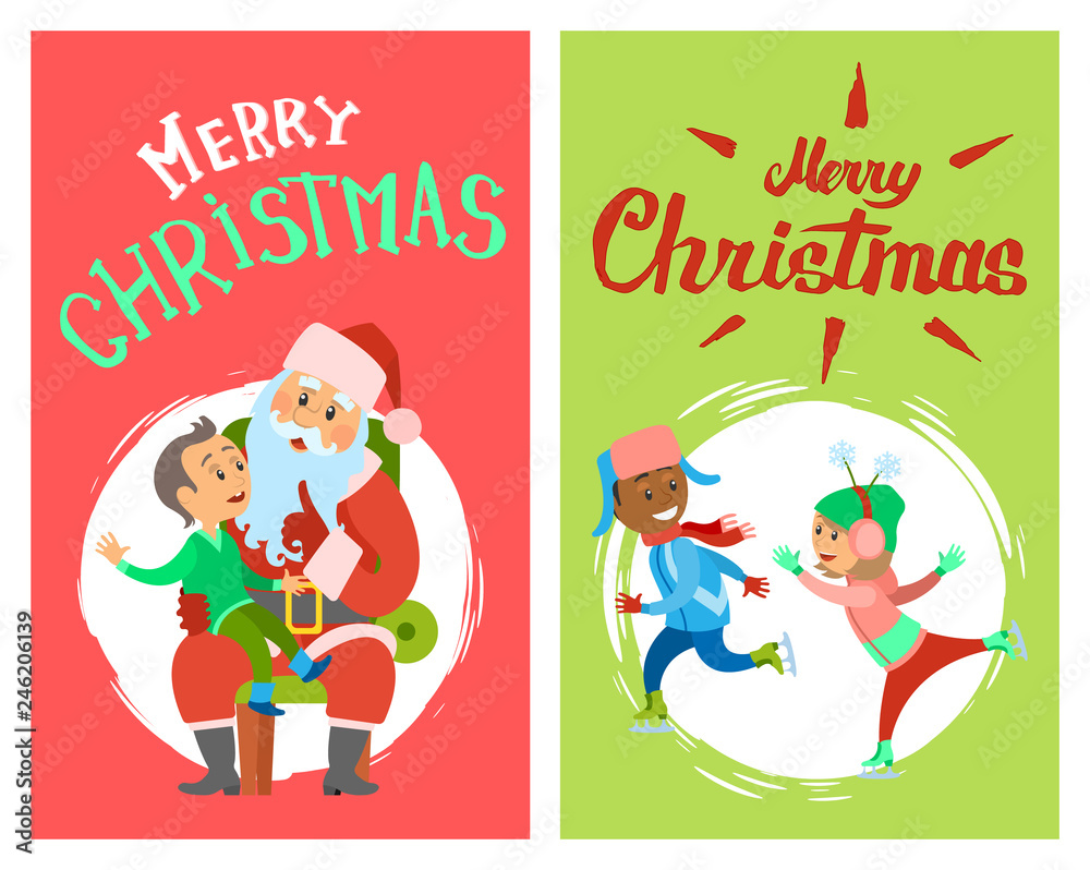 Boy sitting and speaking with Santa Claus. Smiling adults skating in hot hat and jacket with trousers. Merry Christmas greeting paper card vector