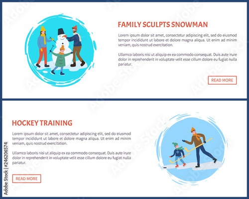 Hockey training of father and son playing winter season game vector. People with wooden sticks skating on ice rink snowman building of family with kid