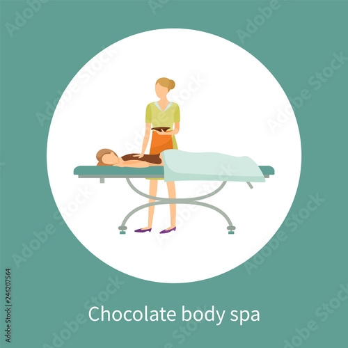 Chocolate body spa poster in circle. Girl covered by brown lotion on back lying on table, cosmetician makes procedure by spreading body by cream vector