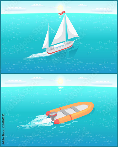 Inflatable rescue boat and ship with white canvas sailing in deep blue waters living trace. Safety rubber sailboat, transportation vehicle, motor rowing craft vector