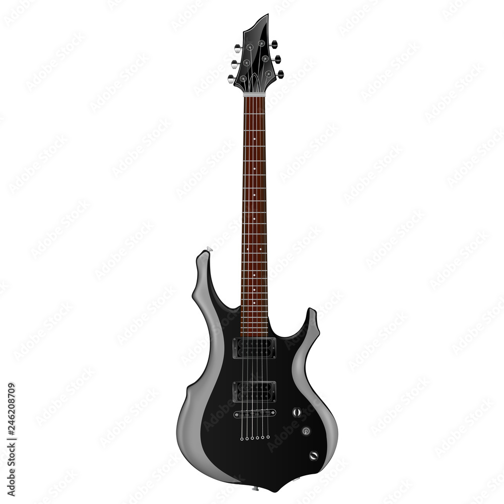 Black electric guitar with gray lining and red fingerboard on a white background