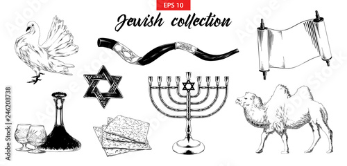 Vector engraved style illustration for logo, emblem, label or poster. Hand drawn sketch set of Jewish elements isolated on white background. Detailed vintage doodle drawing.
