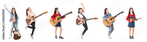 Cute little girl with guitar on white background