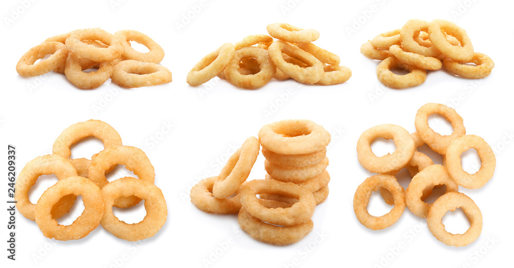 Set of delicious fried crispy onion rings on white background Set of delicious fried crispy onion rings on white background