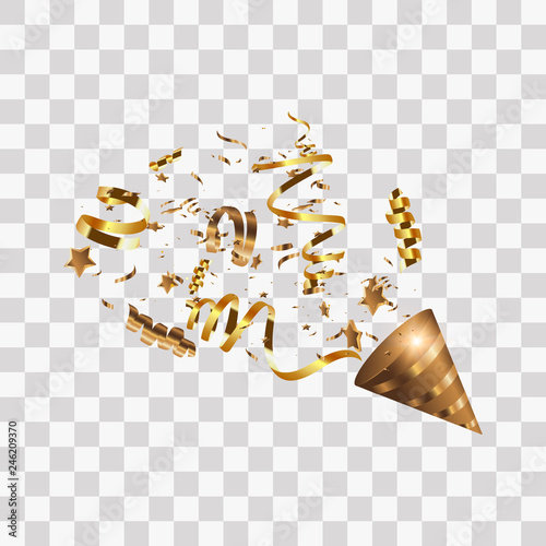 Party popper isolated. Golden confetti. Vector illustration. Happy birthday concept.