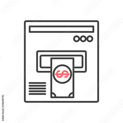 Atm terminal flat line icon. Cash machine gives money, automated teller machine.
