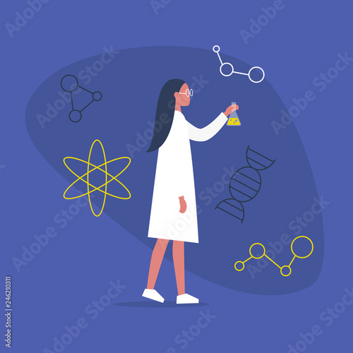 Young female scientist holding a glass flask