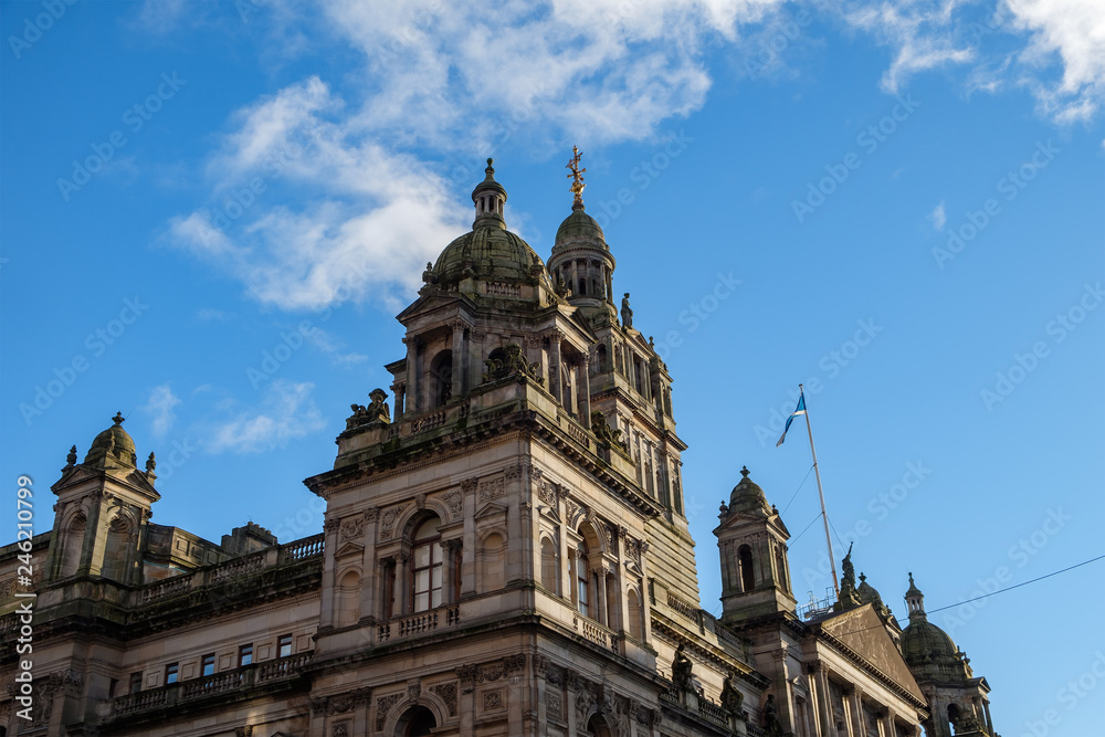 Details of the upper section of the Glasgow City Chambers' building, Glasgow, Scotland